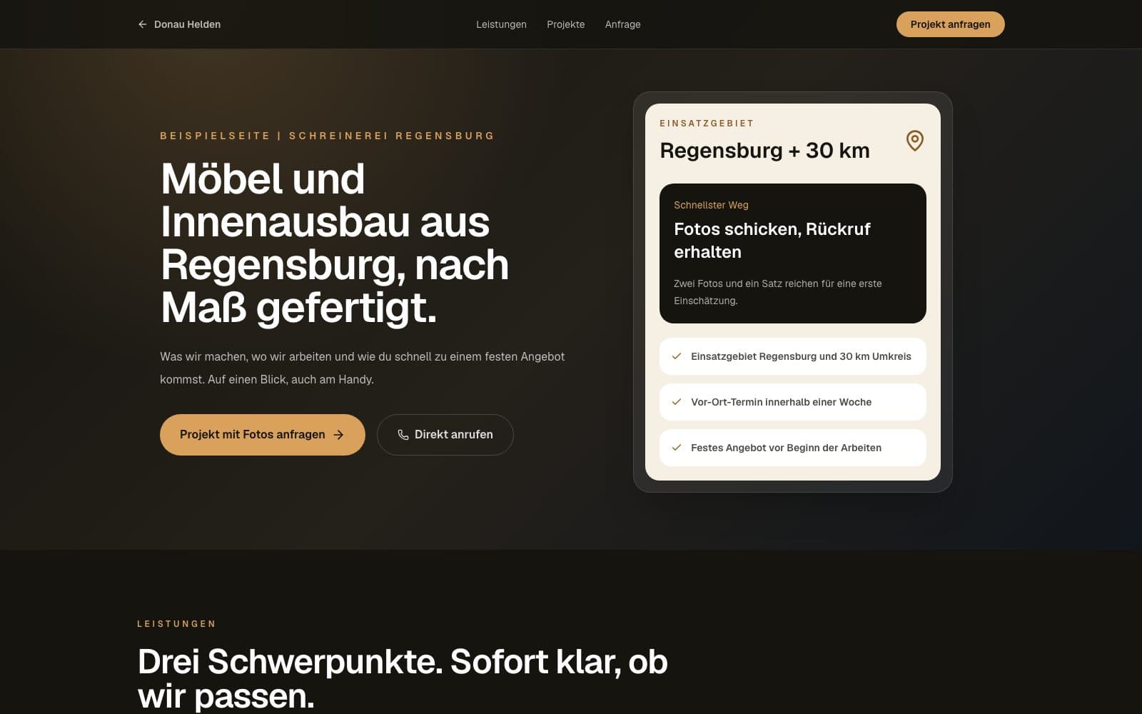 Beispielseite für eine Schreinerei aus Regensburg mit Einsatzgebiet, Leistungen und Anfrage per Foto